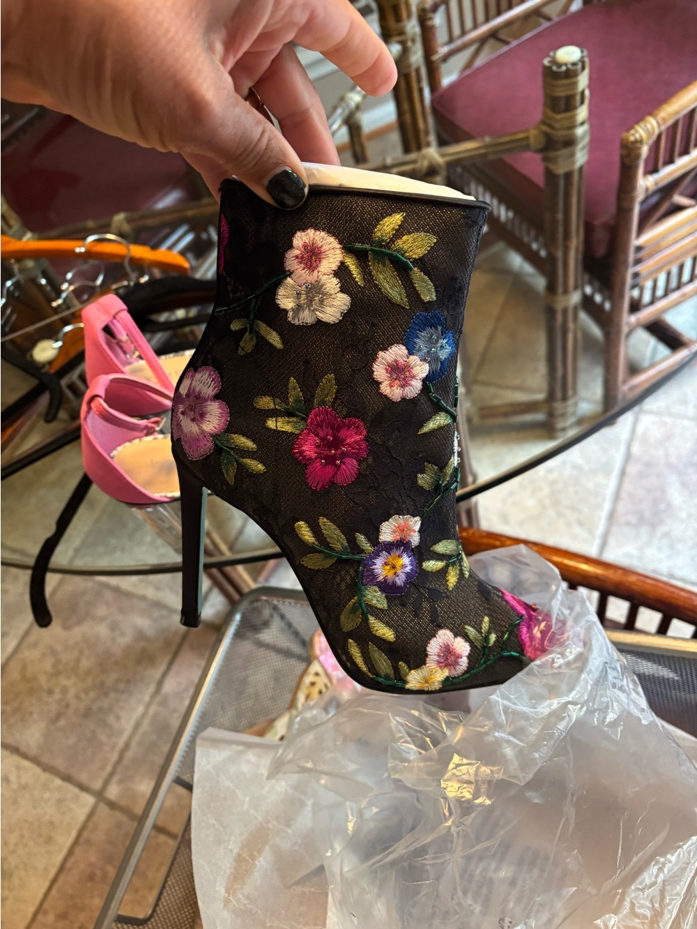 BRAND NEW W/BOX-Betsey Johnson Black Floral Embroidered Mesh Ankle Boot